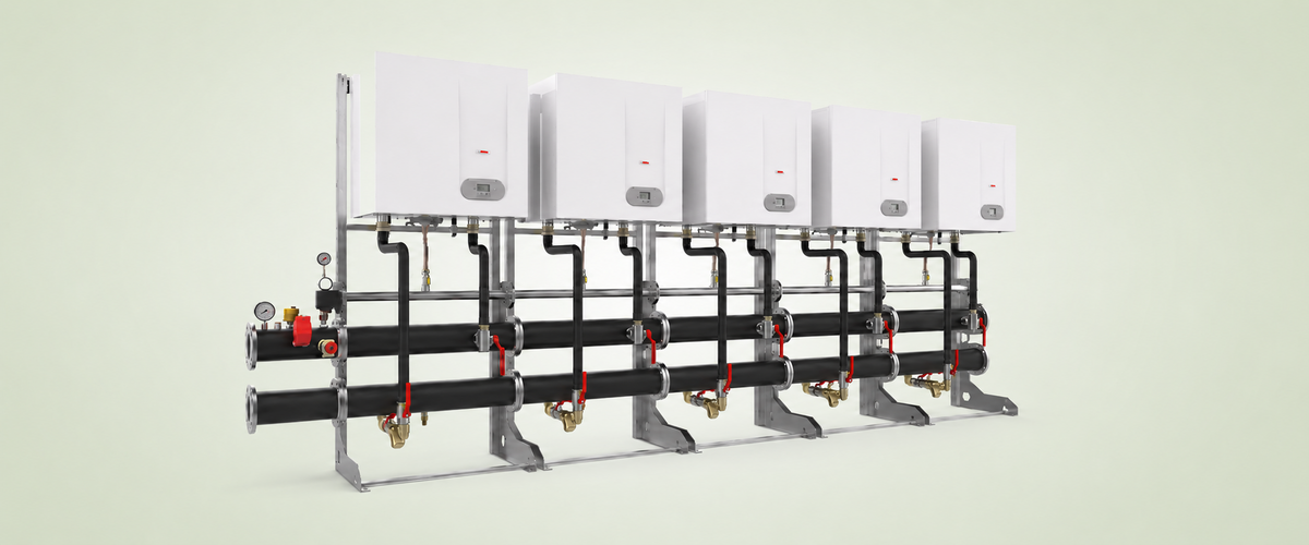 Five-boiler commercial cascade system with pipework and controls.