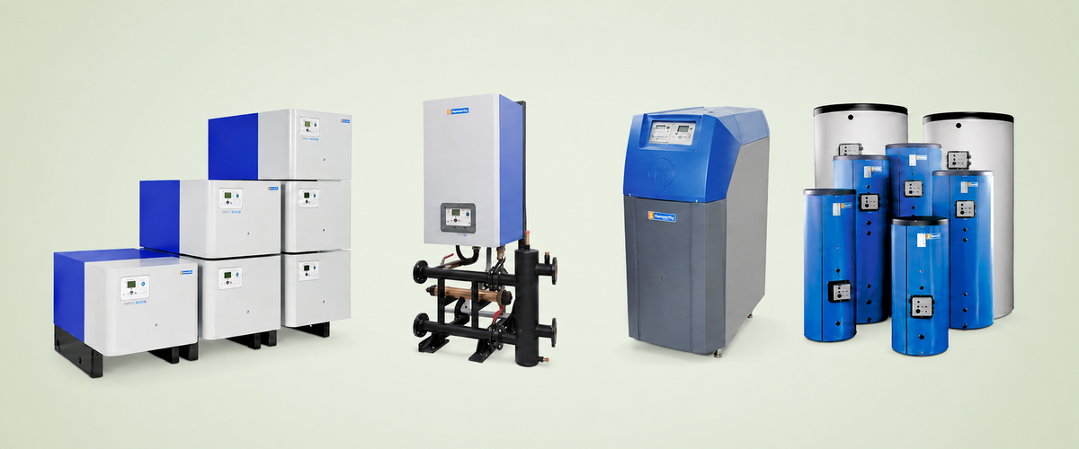 Range of Hamworthy commercial boilers and hot-water equipment.